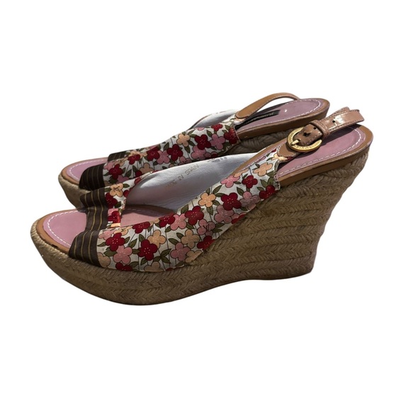 Auth LOUIS VUITTON Floral Satin Fabric Patent Ankle Strap Espadrille Wedge - Picture 1 of 12